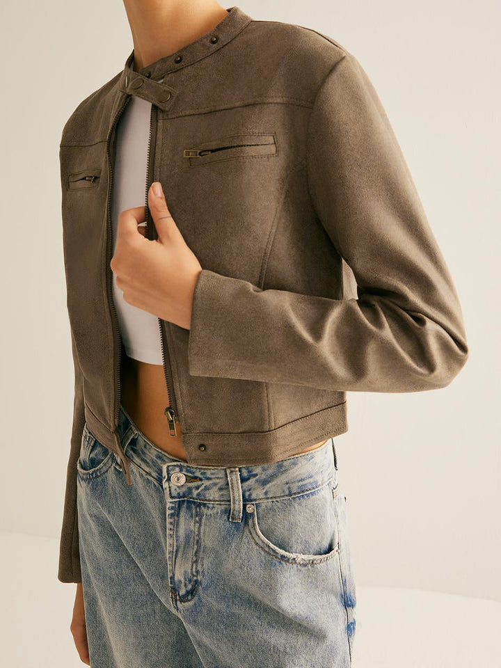 Cropped Suede-Look Jacke | Minimalistisch Moto Stil