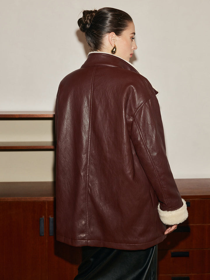 Faux Leather Aviator Coat | Shearling Lining | Belted Waist