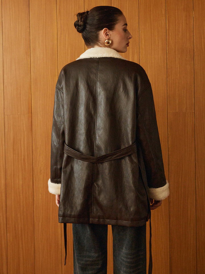 Faux Leather Aviator Coat | Shearling Lining | Belted Waist
