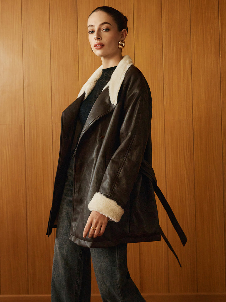 Faux Leather Aviator Coat | Shearling Lining | Belted Waist