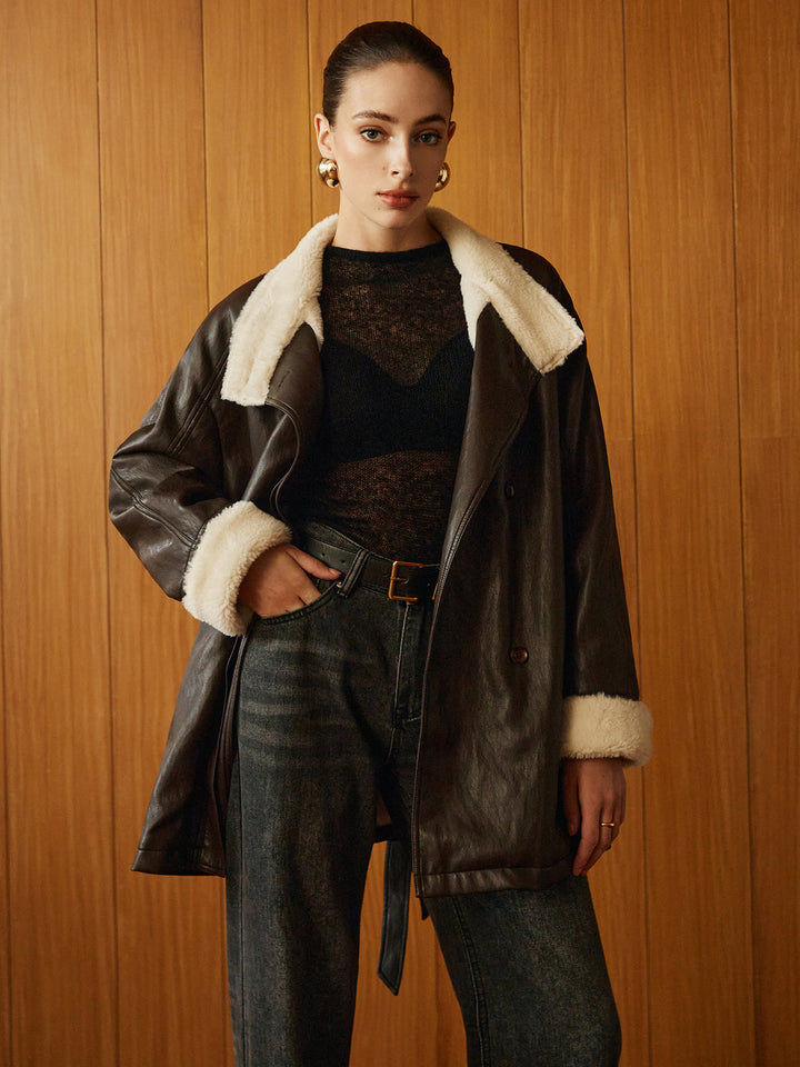 Faux Leather Aviator Coat | Shearling Lining | Belted Waist