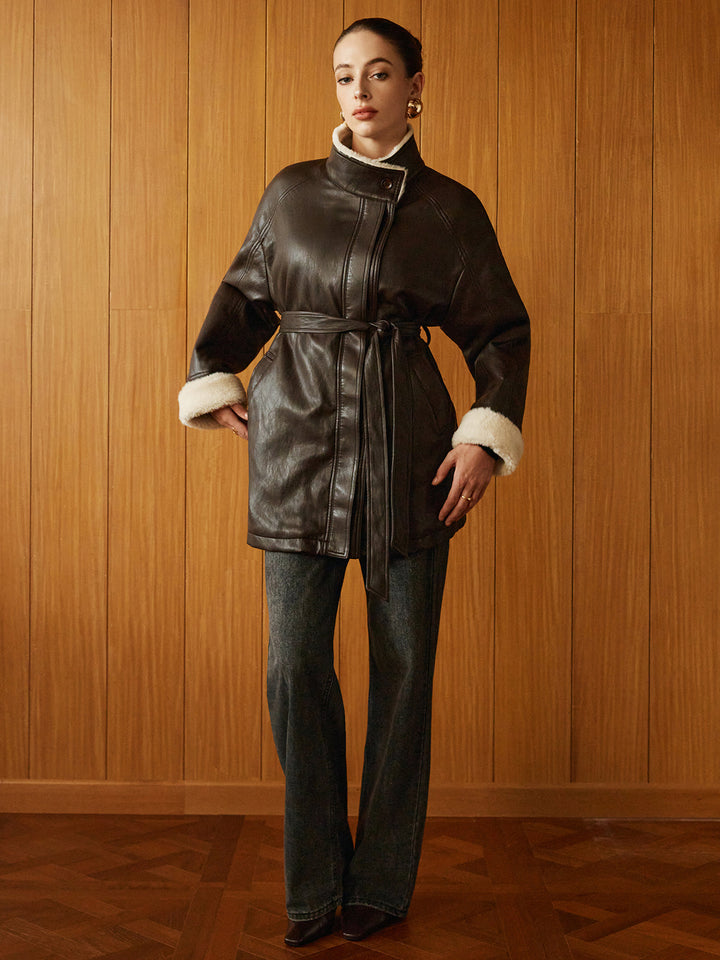 Faux Leather Aviator Coat | Shearling Lining | Belted Waist
