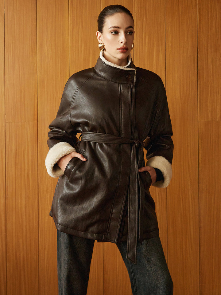 Faux Leather Aviator Coat | Shearling Lining | Belted Waist