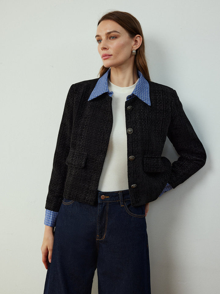 Kurze Tweed Jacke | Kontrastkragen | Klassische Silhouette