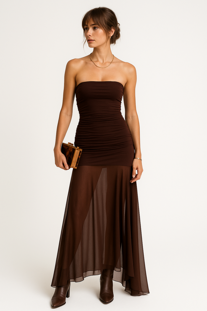 Nachtfall Trägerloses Sheer Panel Maxikleid | Geraffter Bustier | Flüssiger Saum