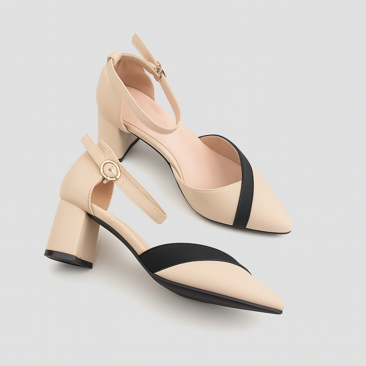 Block Heel Ankle Strap Pumps | Kontrastband | Spitz