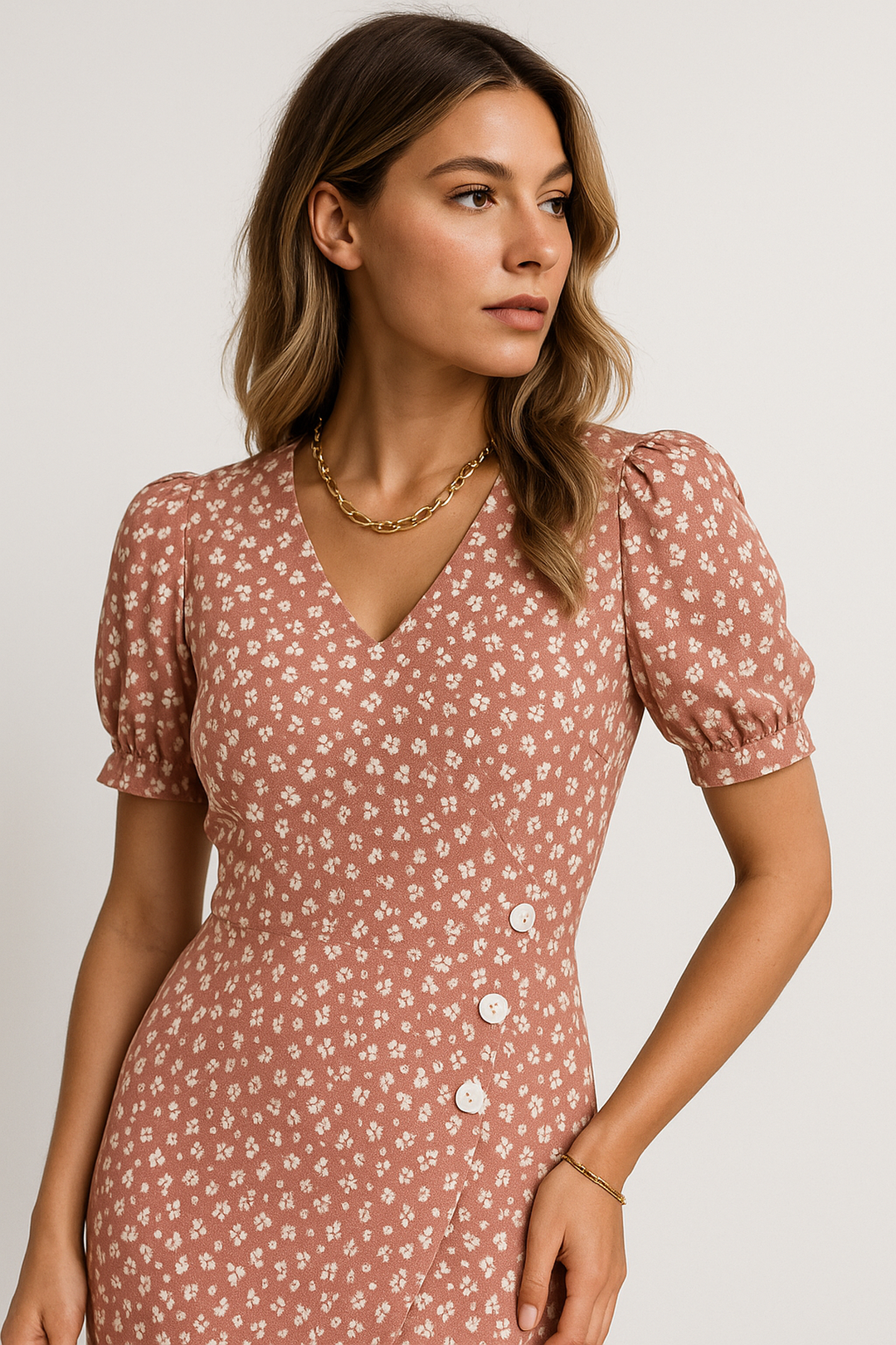 Grundlinie V-Neck Midi Kleid | Puff Ärmel | Wrap Detail