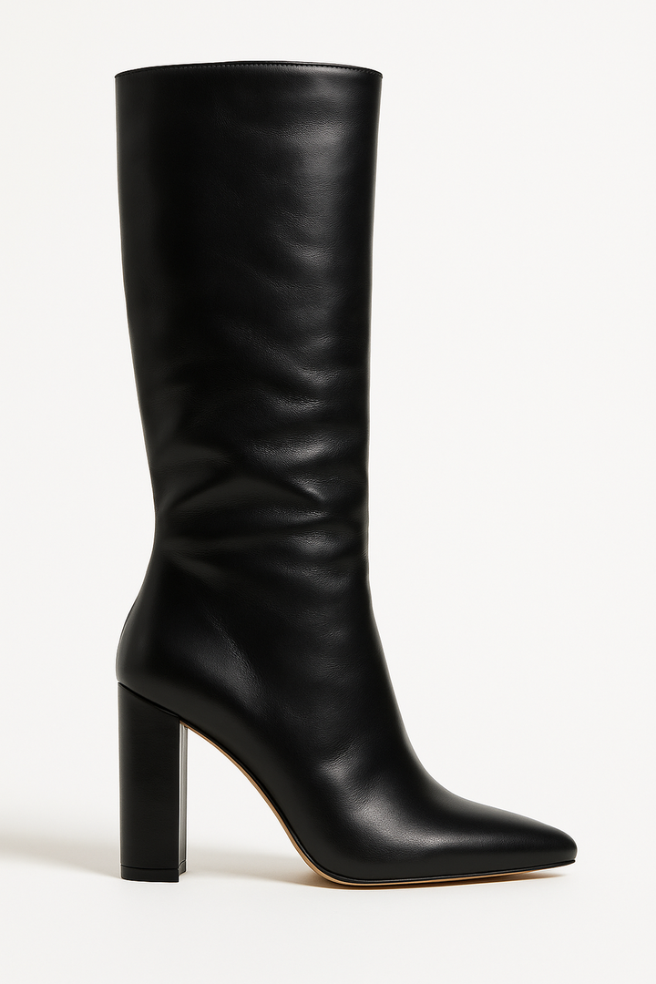 Kniehohe Stiefel aus Croc-Embossed Material | Spitz | Blockabsatz