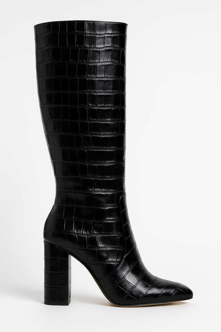 Kniehohe Stiefel aus Croc-Embossed Material | Spitz | Blockabsatz