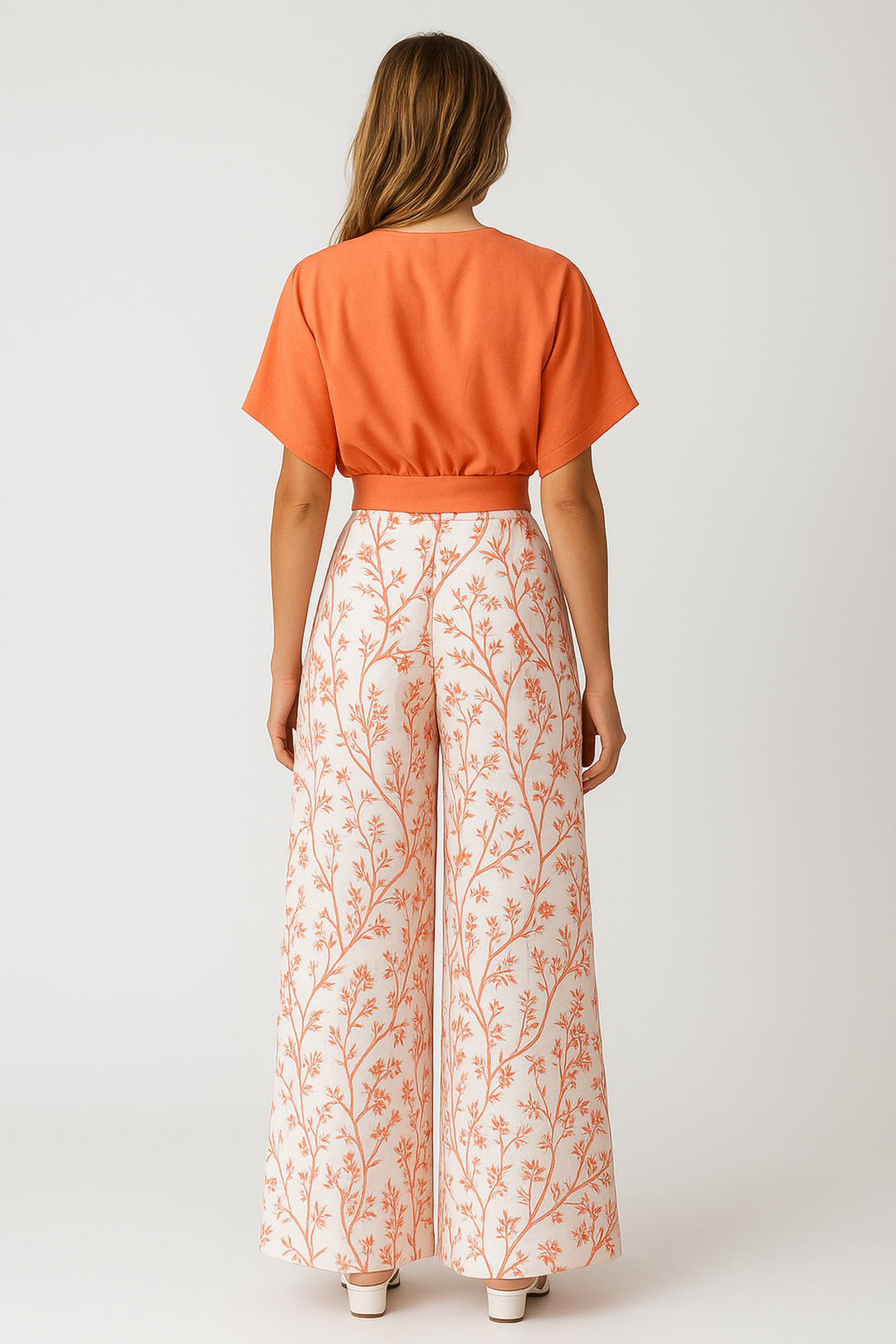 Cropped V-Ausschnitt Top und Weite Bein Bedruckte Hosen Set | Hohe Taille
