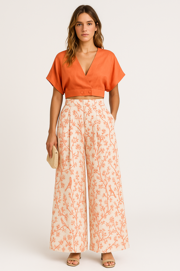 Cropped V-Ausschnitt Top und Weite Bein Bedruckte Hosen Set | Hohe Taille