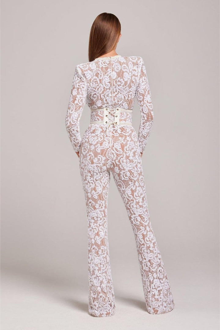 Lace Sequin Jumpsuit | Hohe Taillierung | Langarm | Ausgestelltes Bein