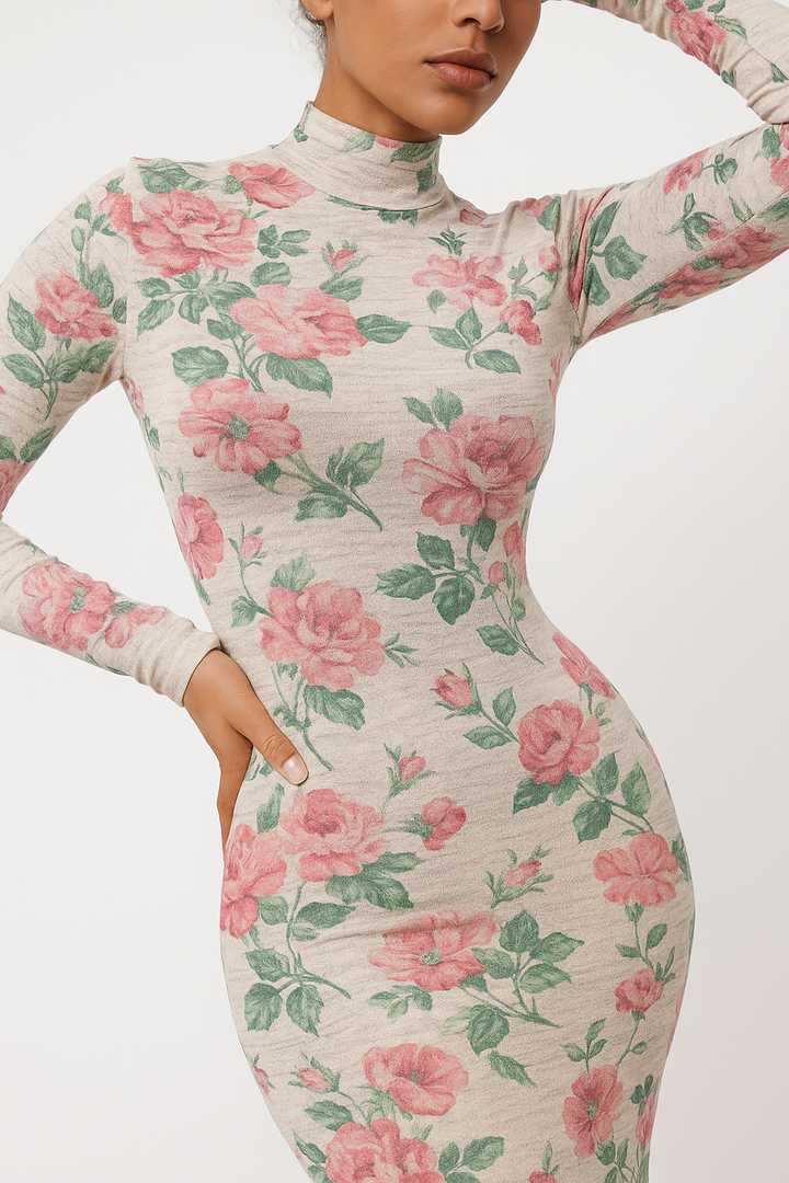 Maxikleid | Blumenmuster | Hoher Ausschnitt | Slim Fit