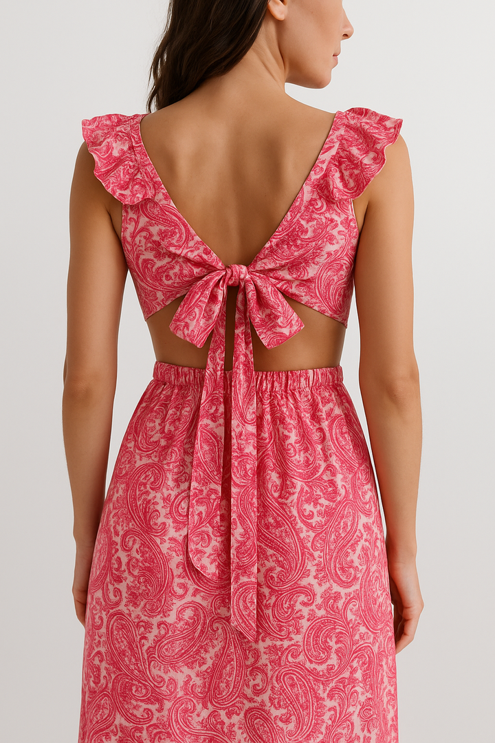 Maxikleid mit Paisleymuster | V-Ausschnitt | Rüschensaum