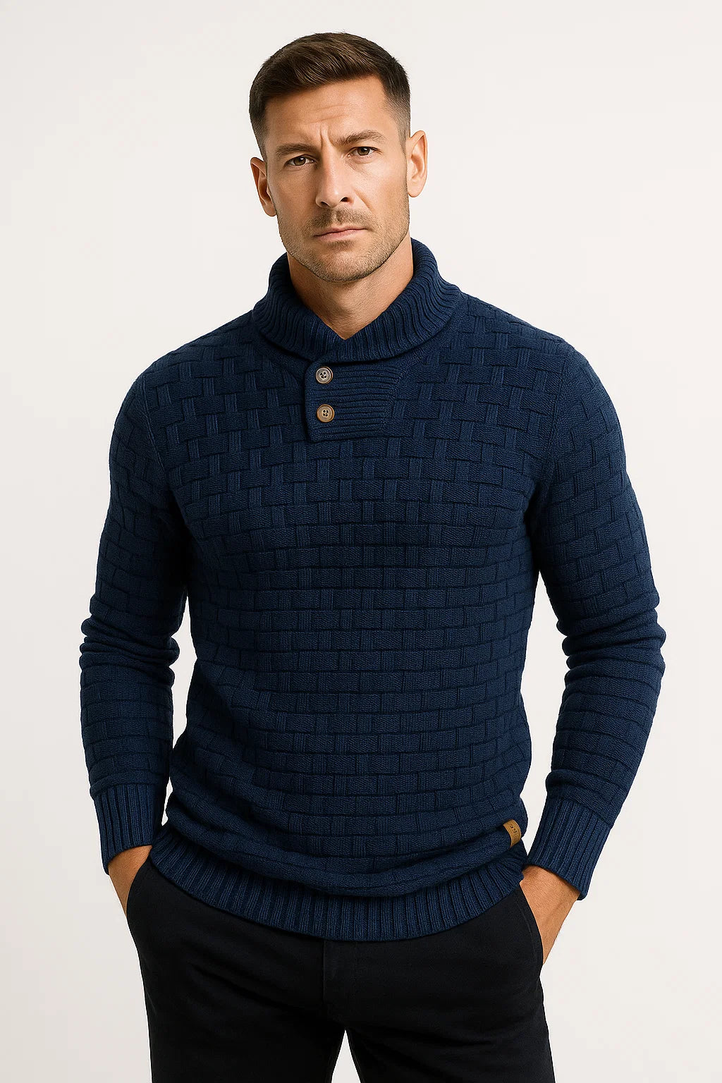 Texturiertes Strick Sweater | Shawl Kragen | Knopf Detail