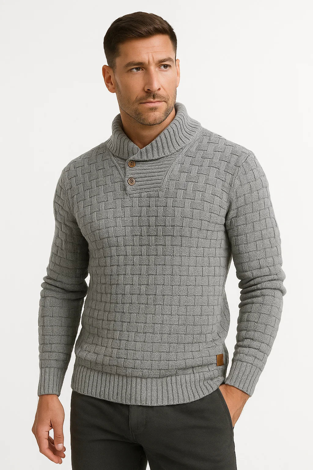 Texturiertes Strick Sweater | Shawl Kragen | Knopf Detail