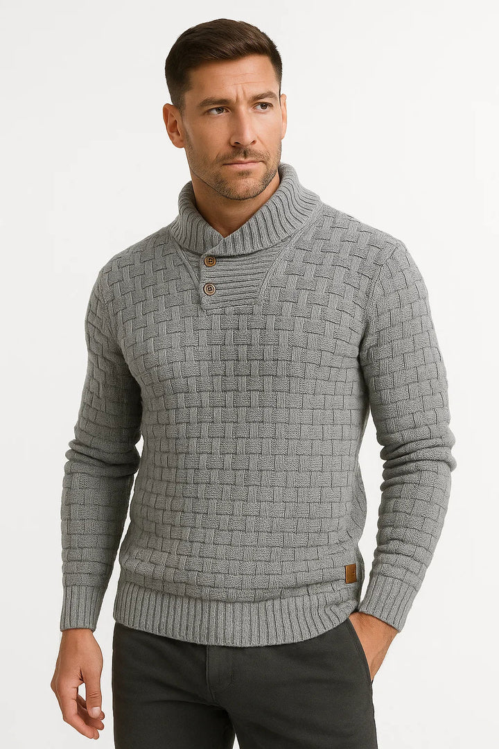 Texturiertes Strick Sweater | Shawl Kragen | Knopf Detail
