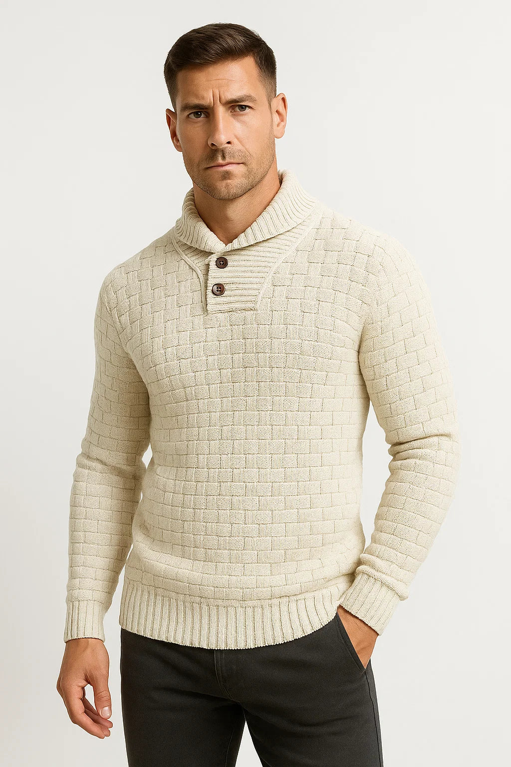 Texturiertes Strick Sweater | Shawl Kragen | Knopf Detail