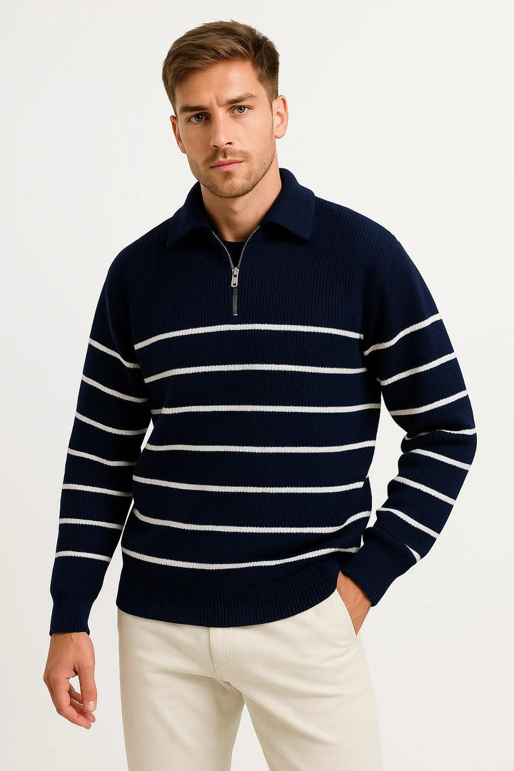 Gestreifter Quarter Zip Pullover | Rippstrick | Reguläre Passform