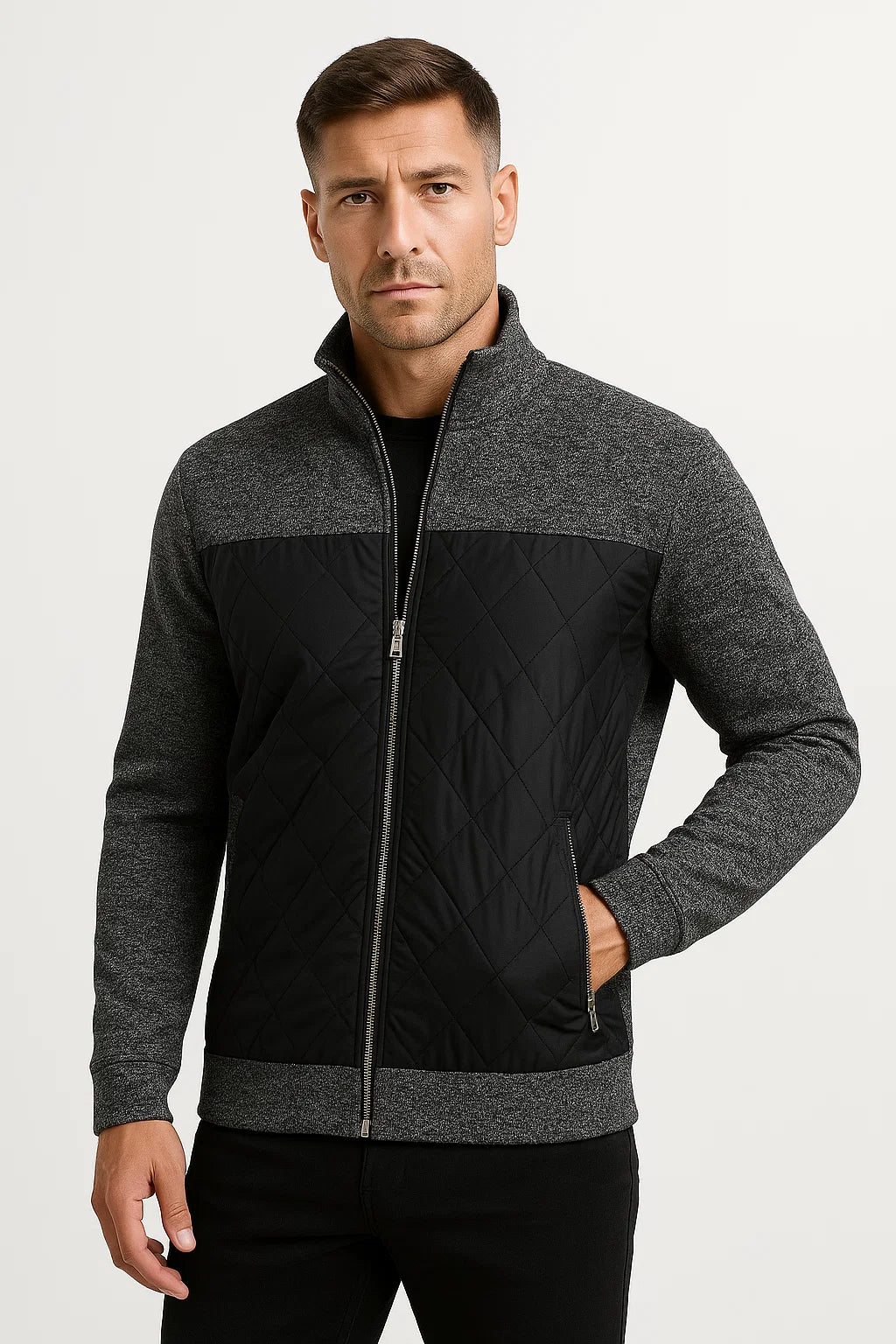 Gequiltete Strickjacke | Stehkragen Reißverschluss