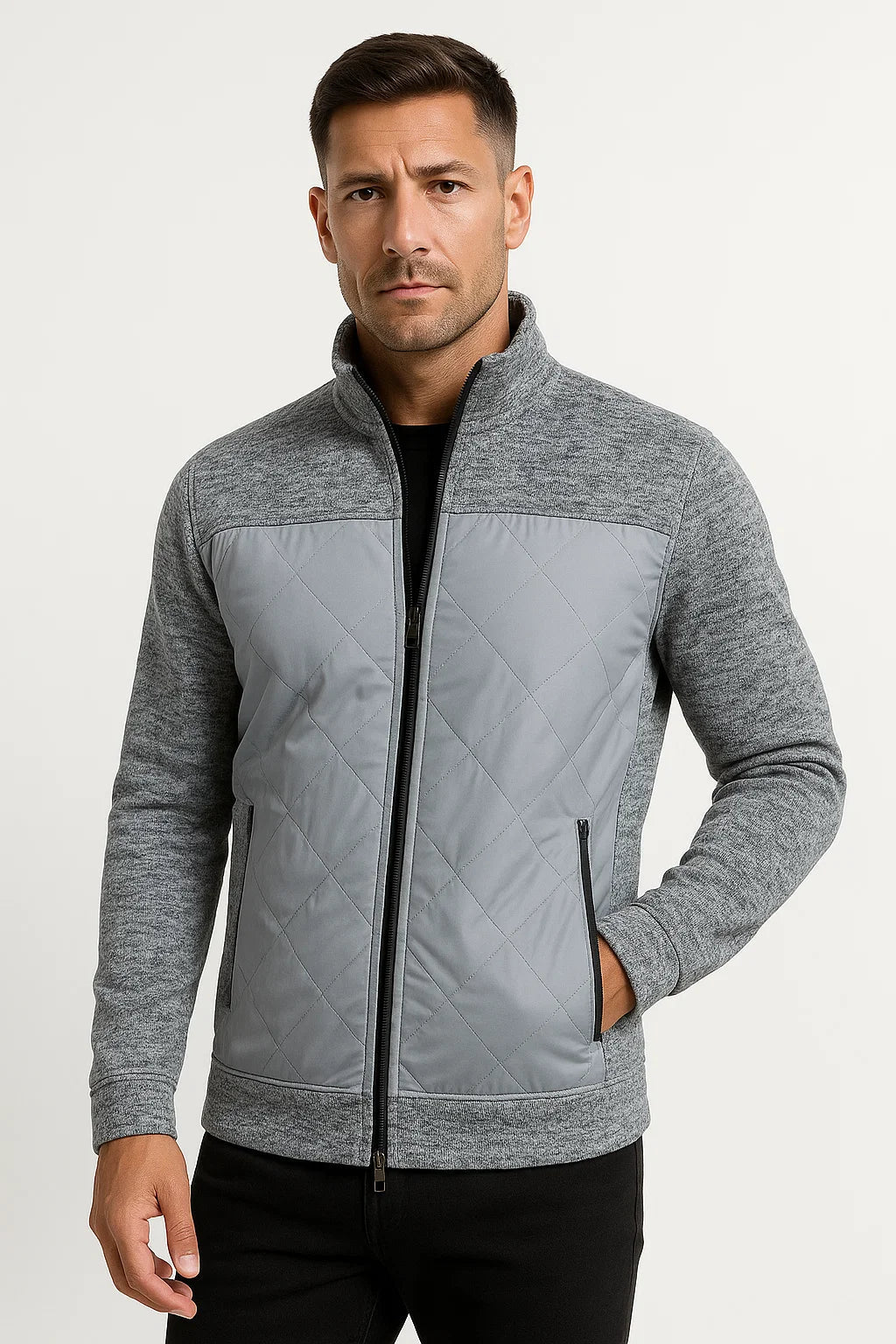 Gequiltete Strickjacke | Stehkragen Reißverschluss