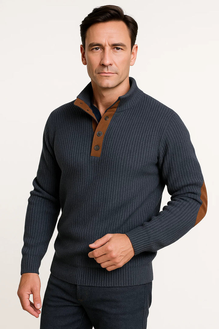 Rippstrickpullover | Knopfausschnitt & Wildleder-Ärmelflicken