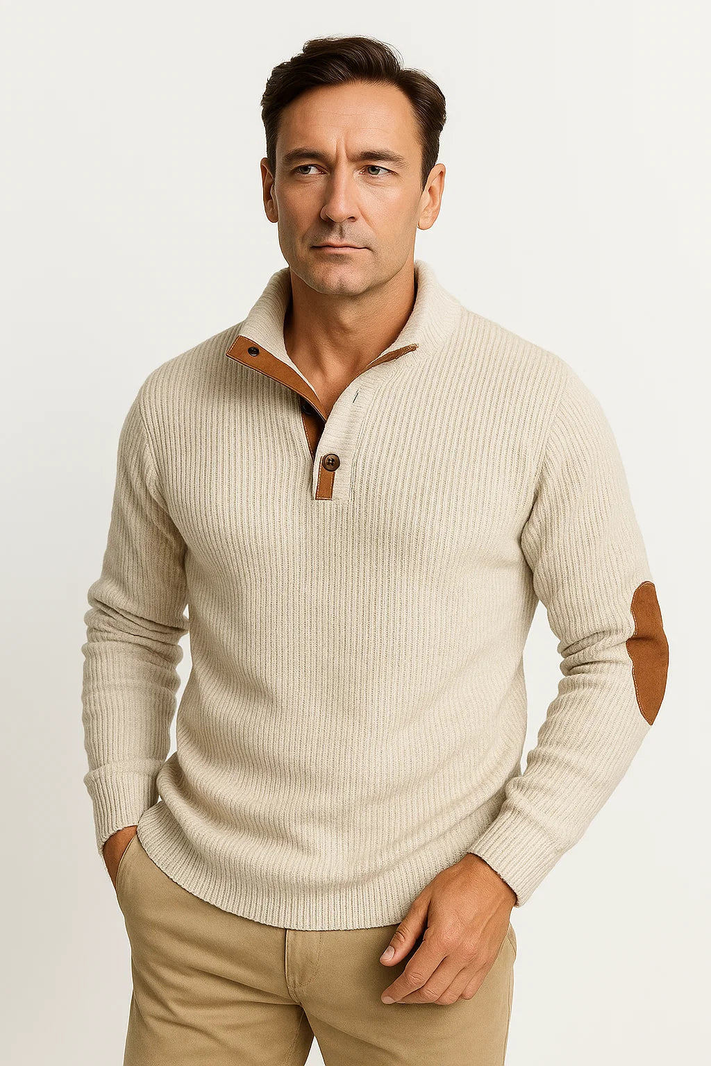 Rippstrickpullover | Knopfausschnitt & Wildleder-Ärmelflicken