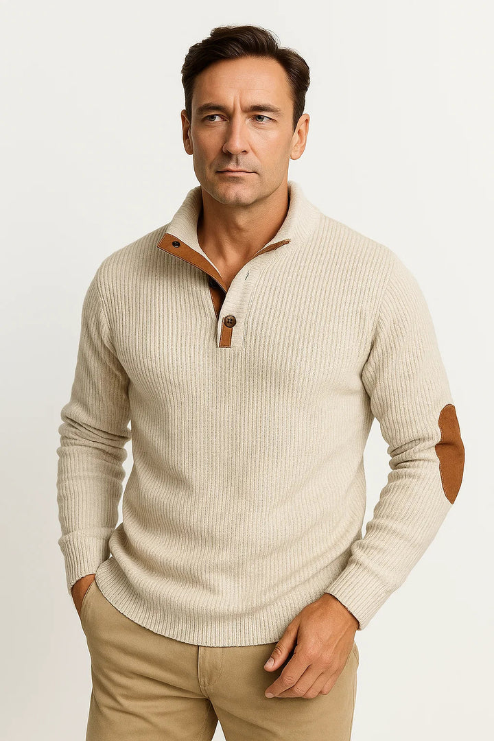 Rippstrickpullover | Knopfausschnitt & Wildleder-Ärmelflicken