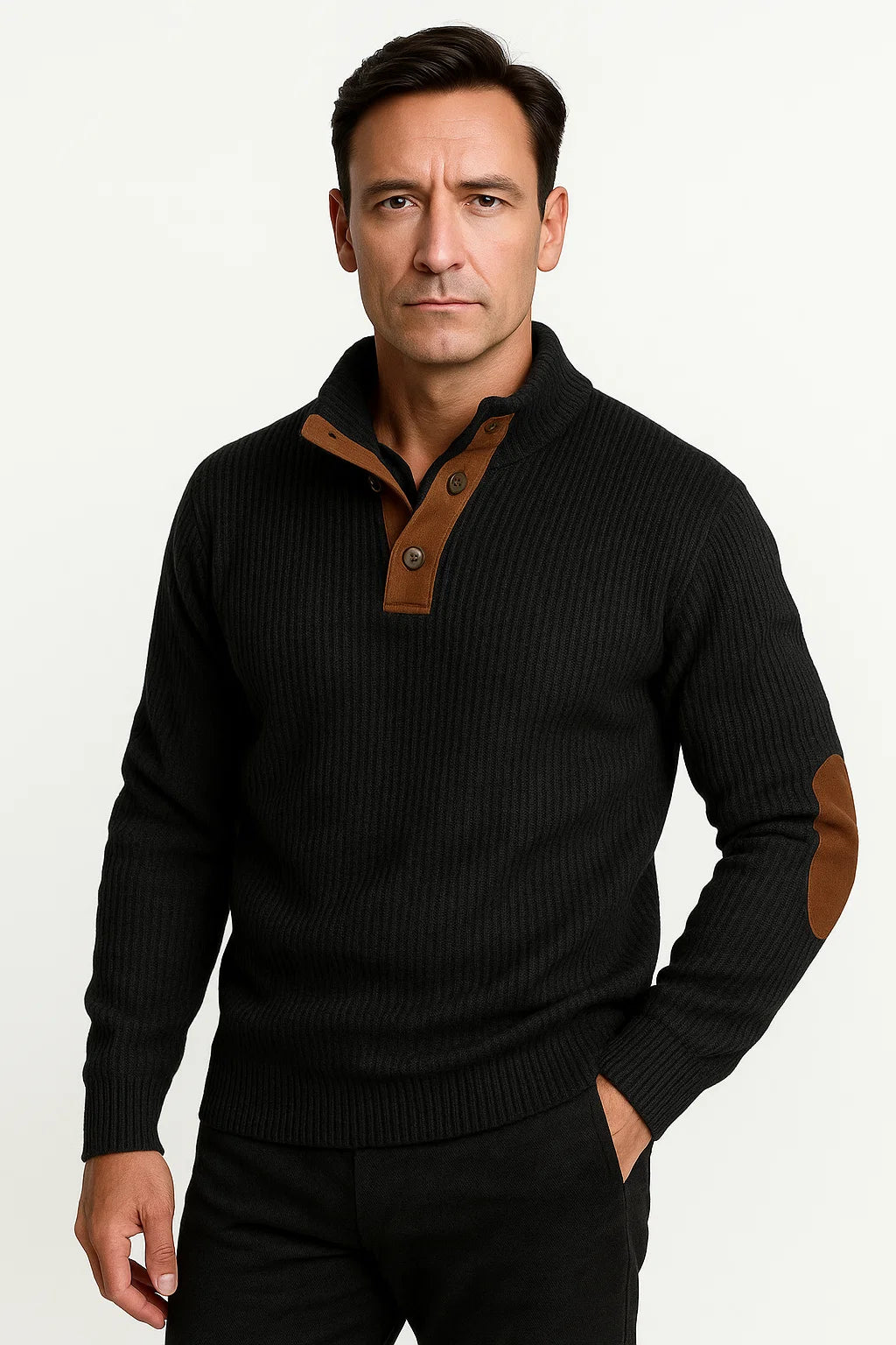 Rippstrickpullover | Knopfausschnitt & Wildleder-Ärmelflicken