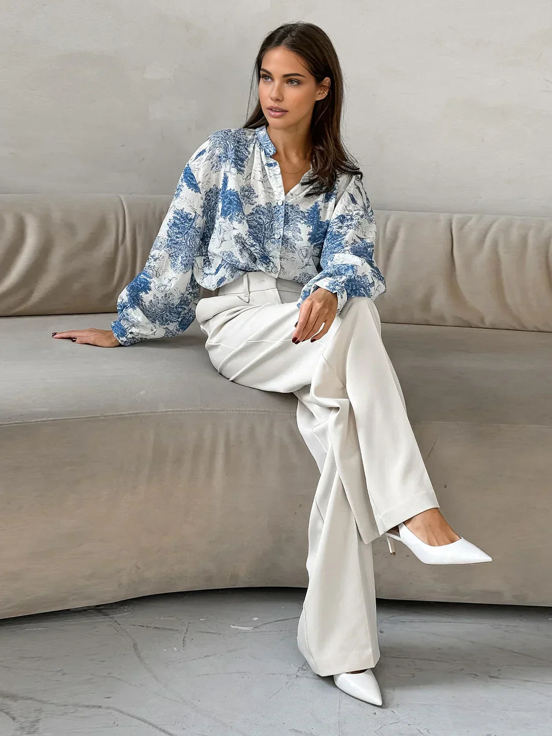 Bedrucktes Langarmhemd | Stehkragen | Lockere Passform