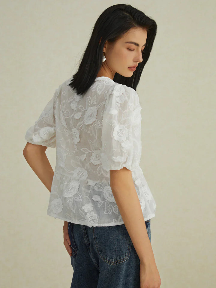Bestickte Bluse mit Bindeband | Puffärmel | Sheer Blumenmuster