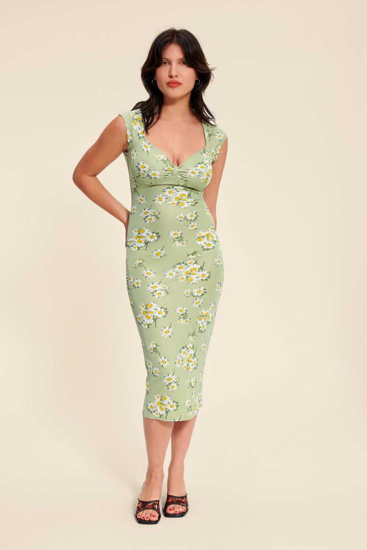 Blumen Midi Kleid | Geraffter Ausschnitt | Stretch Fit