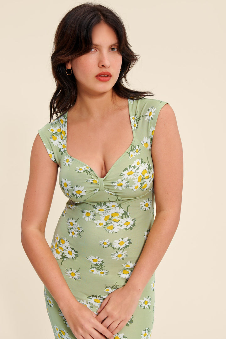 Blumen Midi Kleid | Geraffter Ausschnitt | Stretch Fit