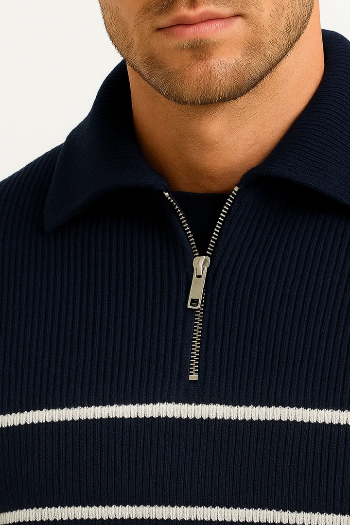 Gestreifter Quarter Zip Pullover | Rippstrick | Reguläre Passform