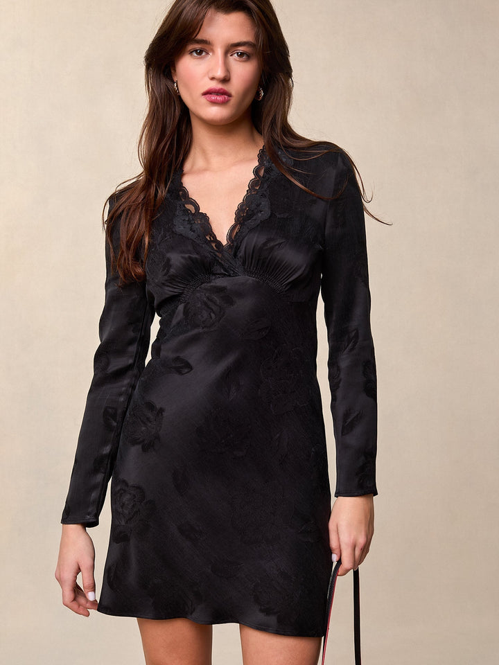 Satin Mini Kleid | Spitzen V-Ausschnitt | Lange Ärmel