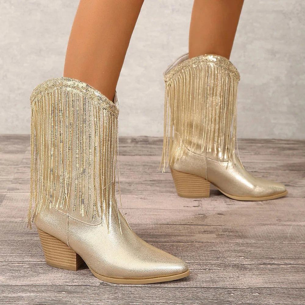 Fringe Mid-Calf Western Boots | Pointed Toe | Block Heel