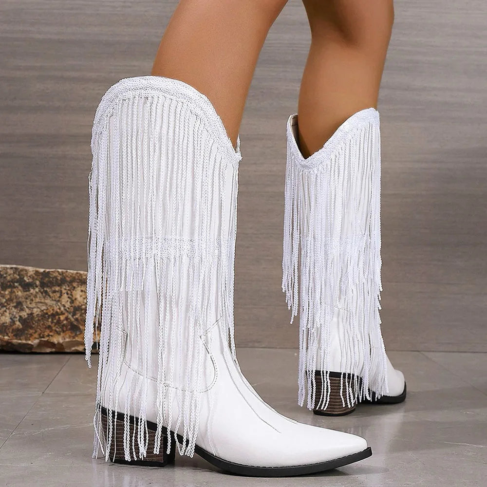 Fringe Mid-Calf Western Boots | Pointed Toe | Block Heel