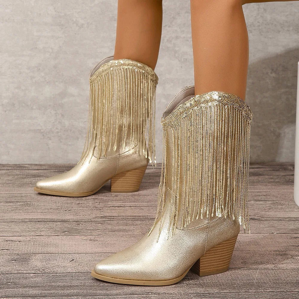 Fringe Mid-Calf Western Boots | Pointed Toe | Block Heel
