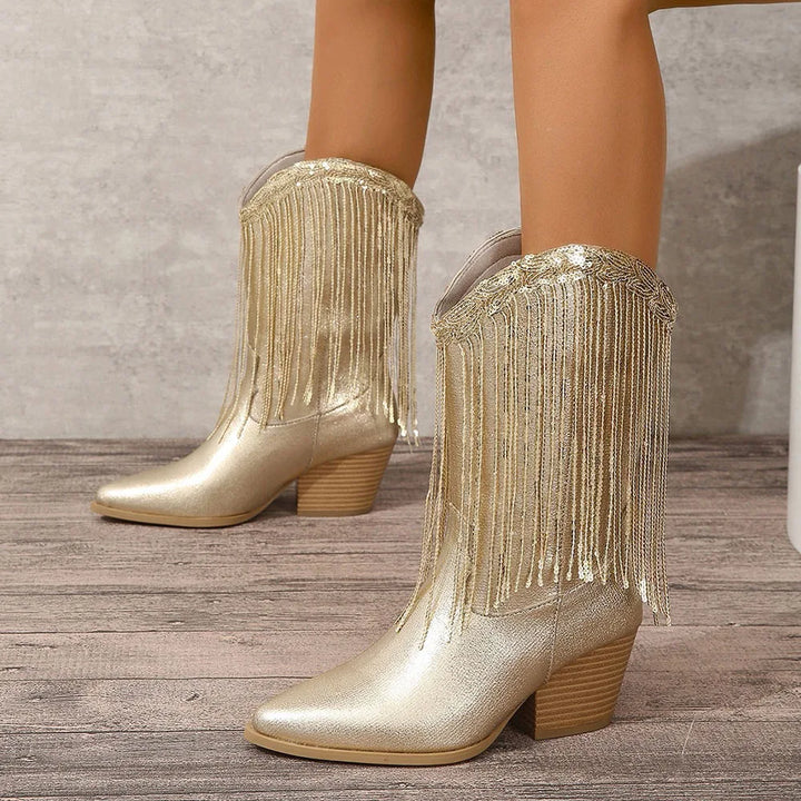 Fringe Mid-Calf Western Boots | Pointed Toe | Block Heel