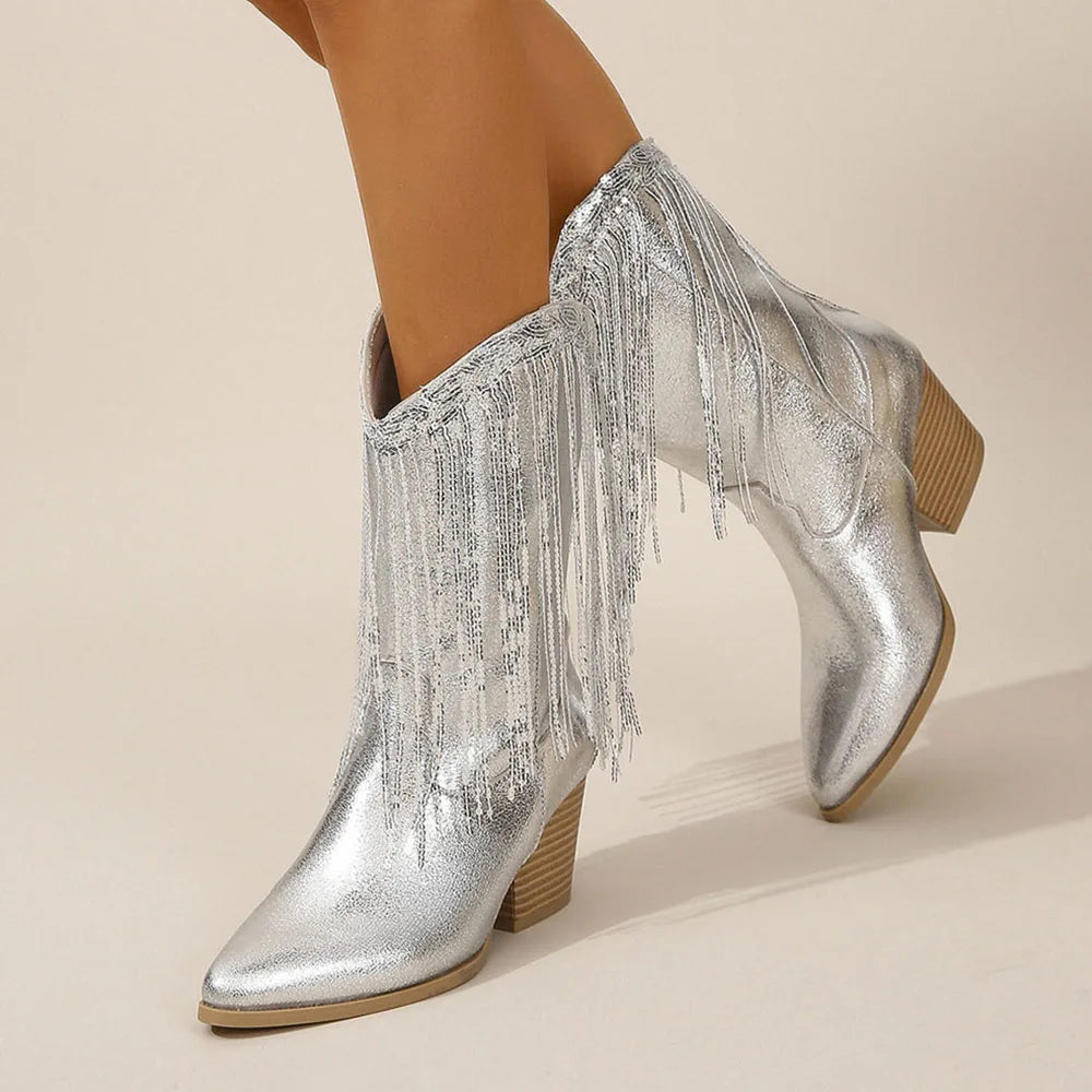 Fringe Mid-Calf Western Boots | Pointed Toe | Block Heel