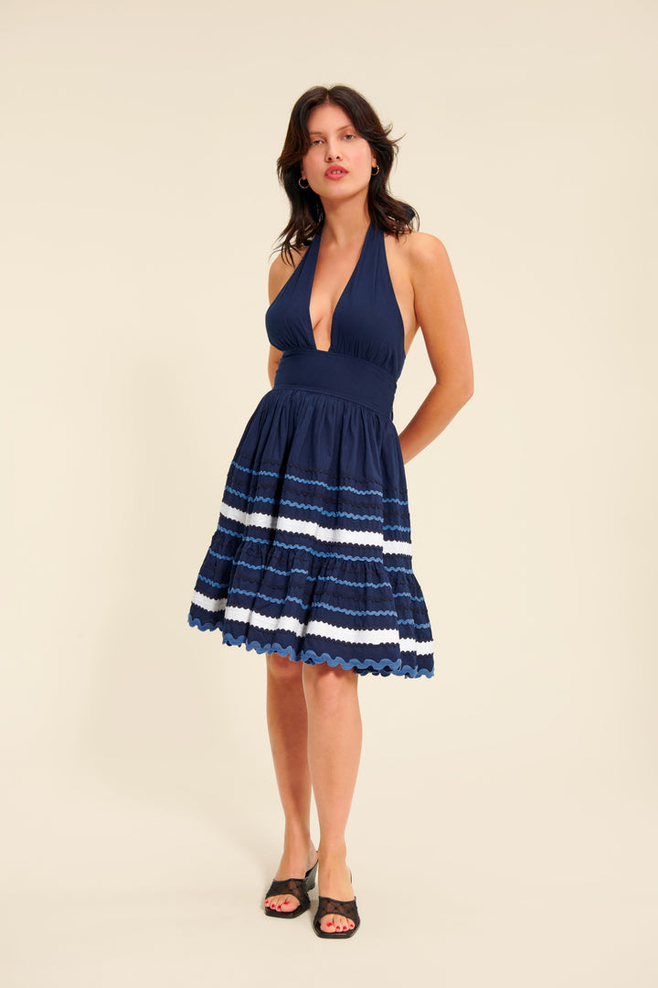 Gestreiftes Halterneck Mini Kleid | Ausgestellter Rock | Baumwollmischung