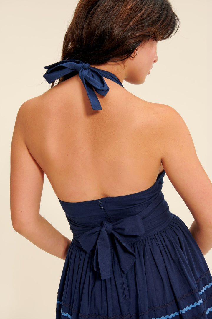 Gestreiftes Halterneck Mini Kleid | Ausgestellter Rock | Baumwollmischung