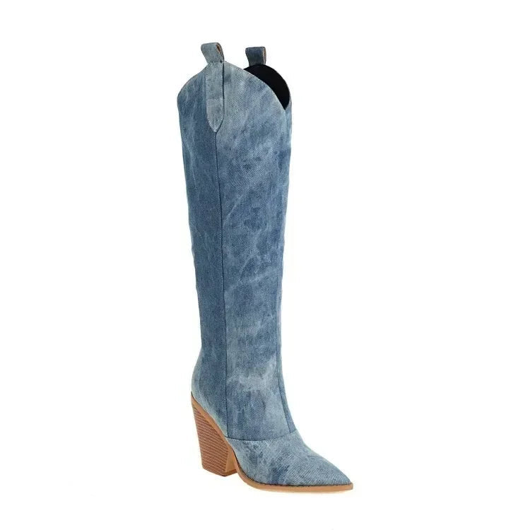 Denim Kniehohe Stiefel | Spitzes Zehen | Western Blockabsatz Design