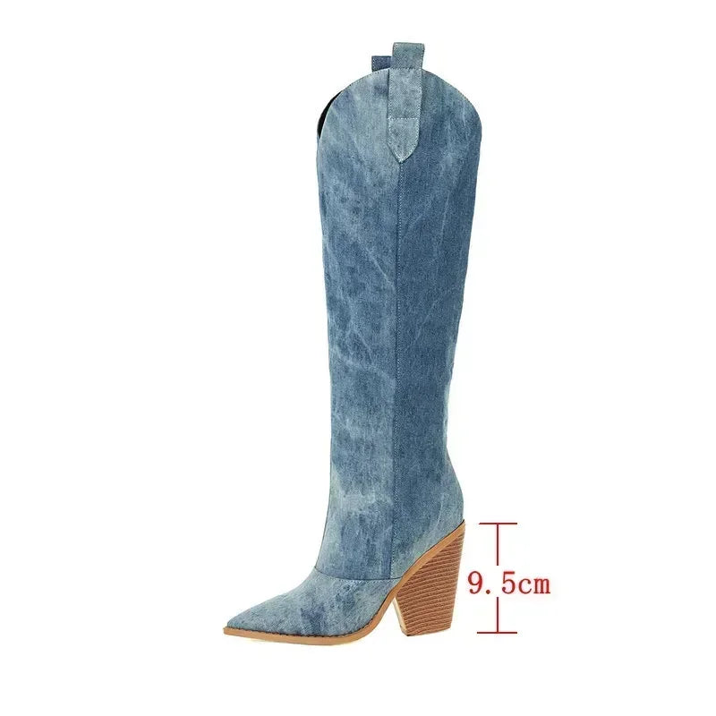 Denim Kniehohe Stiefel | Spitzes Zehen | Western Blockabsatz Design