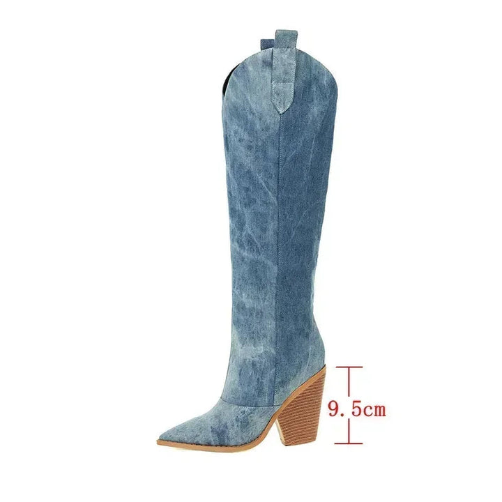 Denim Kniehohe Stiefel | Spitzes Zehen | Western Blockabsatz Design