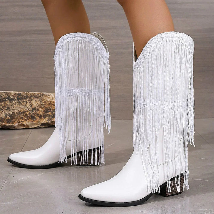 Fringe Mid-Calf Western Boots | Pointed Toe | Block Heel
