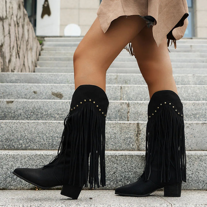 Fringe Mid-Calf Western Boots | Pointed Toe | Block Heel