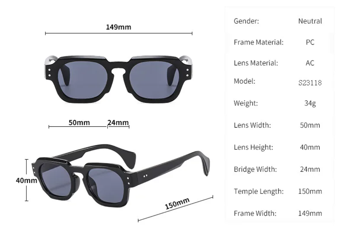 Rechteckige Sonnenbrille aus Legierung – Leichtes Retro Design - Size Chart