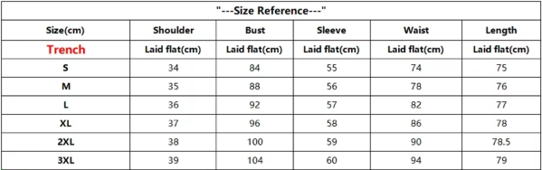 Mittel-Lang Trench Coat | Baumwoll-Mischung | Einreihiges Design - Size Chart