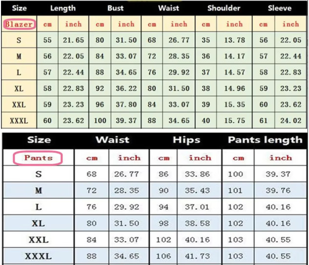 Blazer Anzug | Weite Bein Hosen | Zweiteilig - Size Chart